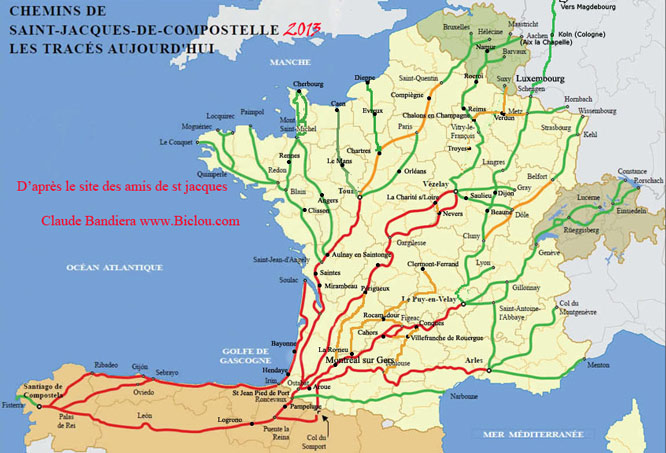 carte des chemins de compostelle en France
