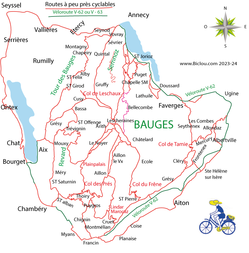 Carte de parcours cyclistes dans le massif des Bauges (2023)