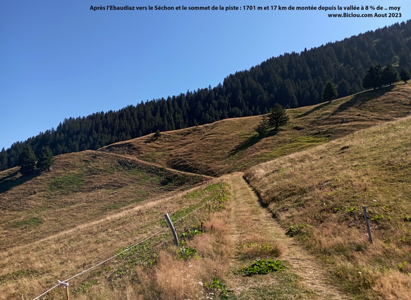Après l'Ebaudiaz, le Séchon et le sommet de la piste : 1701 m et 17 km de montée depuis la vallée à 8% de moye