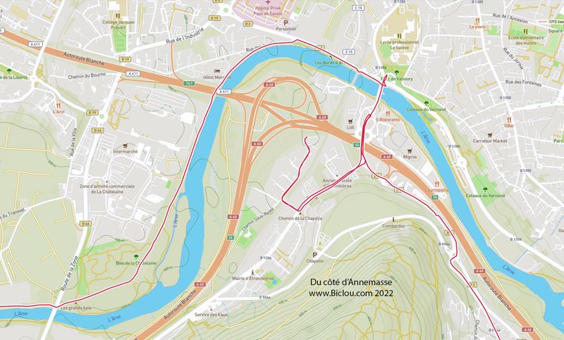 A la recherche de la passerelle cyclable ; Annemasse 2022 : en fait elle est   Collonges