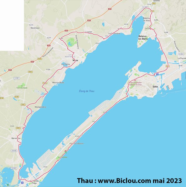Carte d'un parcours cycliste du Tour de l'étang de Thau (claudio en mai 2023)
