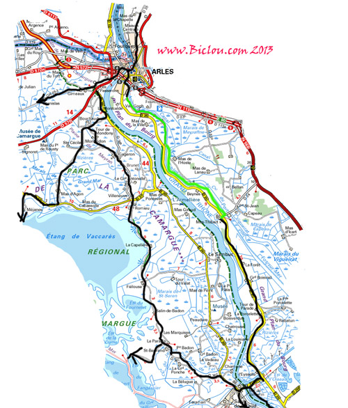 carte des possibilités cyclables en camargue en 2013