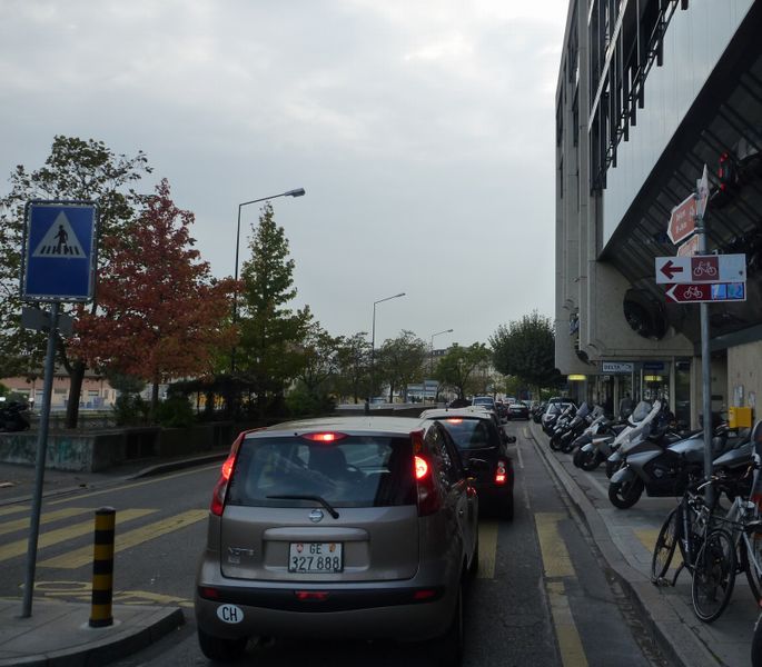 Le cyclotouriste peut s'enfiler tout droit, mais le balisage Via rhona propose la rive gauche du rhône in Geneva