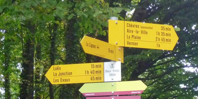 Ce balisage omni-présent en suisse, montre qu'il est possible de longer le Rhône de aire la ville à la jonction de Genève à pieds, et donc à VTT ou presque