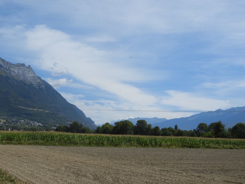 Vue sur la vallée. dite Combe de Savoie ; le mont blanc dans le fond