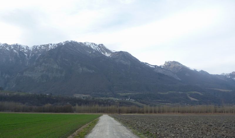 Petite route de campagne dans la plaine du Gresivadan en vue des artes terminales des Bauges