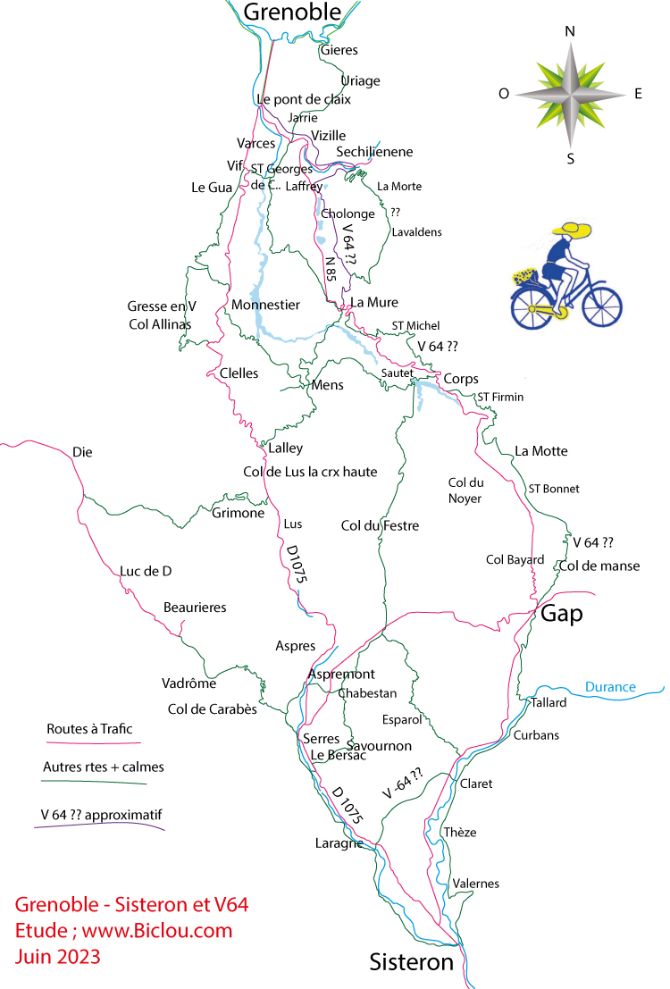 Carte Grenoble-Sisteron à Bicyclette et étude V-64