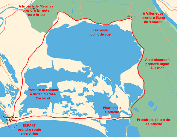 Carte du Tour du Vaccarès à bicyclette, VTT VTC