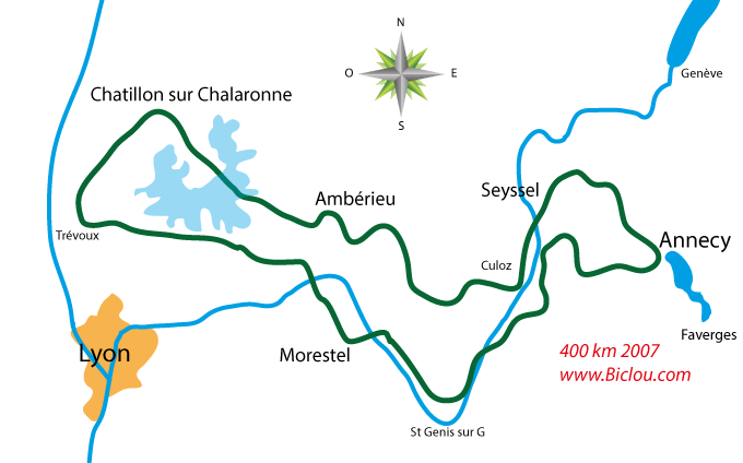 parcours des 400 kilomètres à vélo de la BRM de seynod Annecy 2007