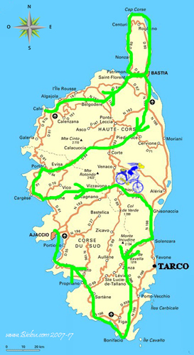Carte d'une visite cyclotouriste de la Corse, une sacré dose de cyclotourisme