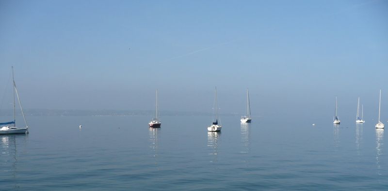 Les barquettes sur le Lac Léman à Genève, laissent entrevoir les monts du jura dans le fond.