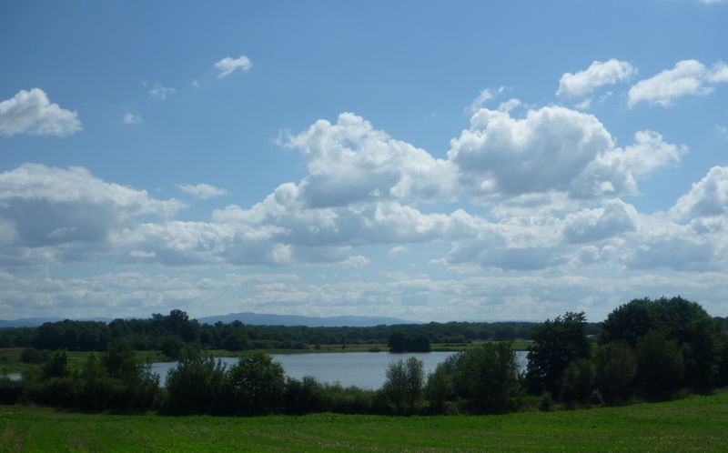Les monts du Bugey regardent les étangs de la Dombes sous un ciel moutonneux
