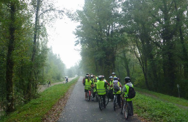 Groupe d'écoliers cyclistes sur la voie verte du bois francais à la sortie de Grenoble en 2010
