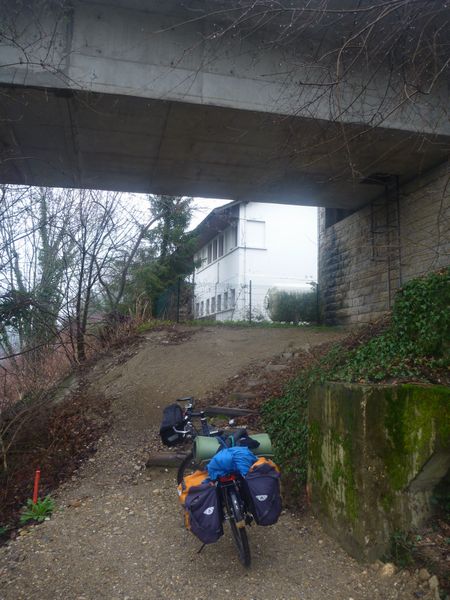 Fin de la via rhona au pont de Jons en 2011 , encore un effort Fanette pour se hisser sur la route..