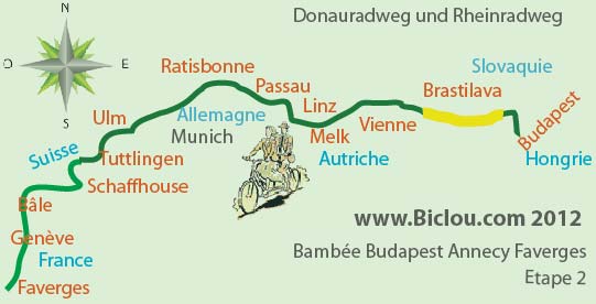 Carte du parcours à bicyclette eurovélo 6 Budapst Bâle etape deux Tat gyor Bratislava