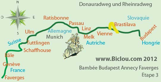 Carte du parcours à bicyclette eurovélo 6 Budapest Bâle etape trois Moson Bratislava Gyor Vienne