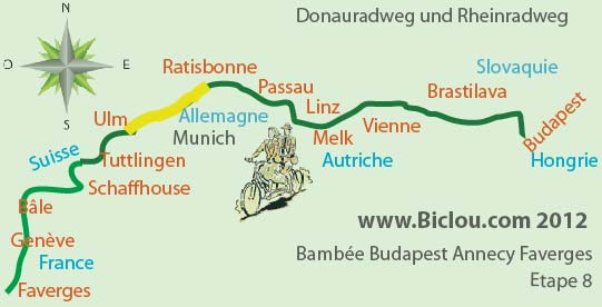 Carte du parcours à bicyclette eurovélo 6 Budapst Bâle etape 8 Regensburg Ulm