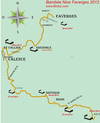 Carte Nice Valence Grenoble Annecy à vélo