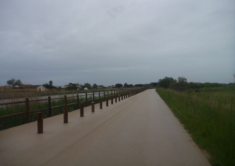 ViaRhôna emprunte cette voie verte entre Aigues mortes et Grau du roi, le long du canal, en avril 2015
