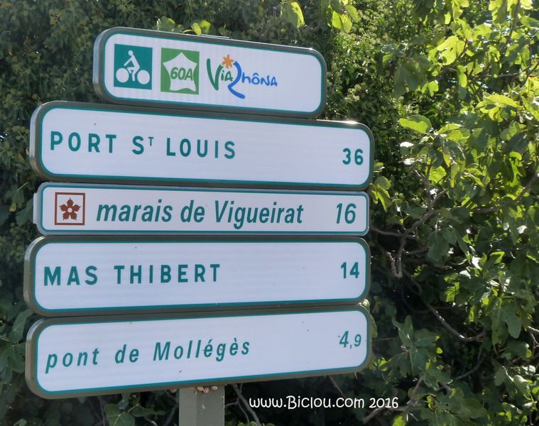 Tiens ; le balisage ViaRhôna apparait au sud de Arles