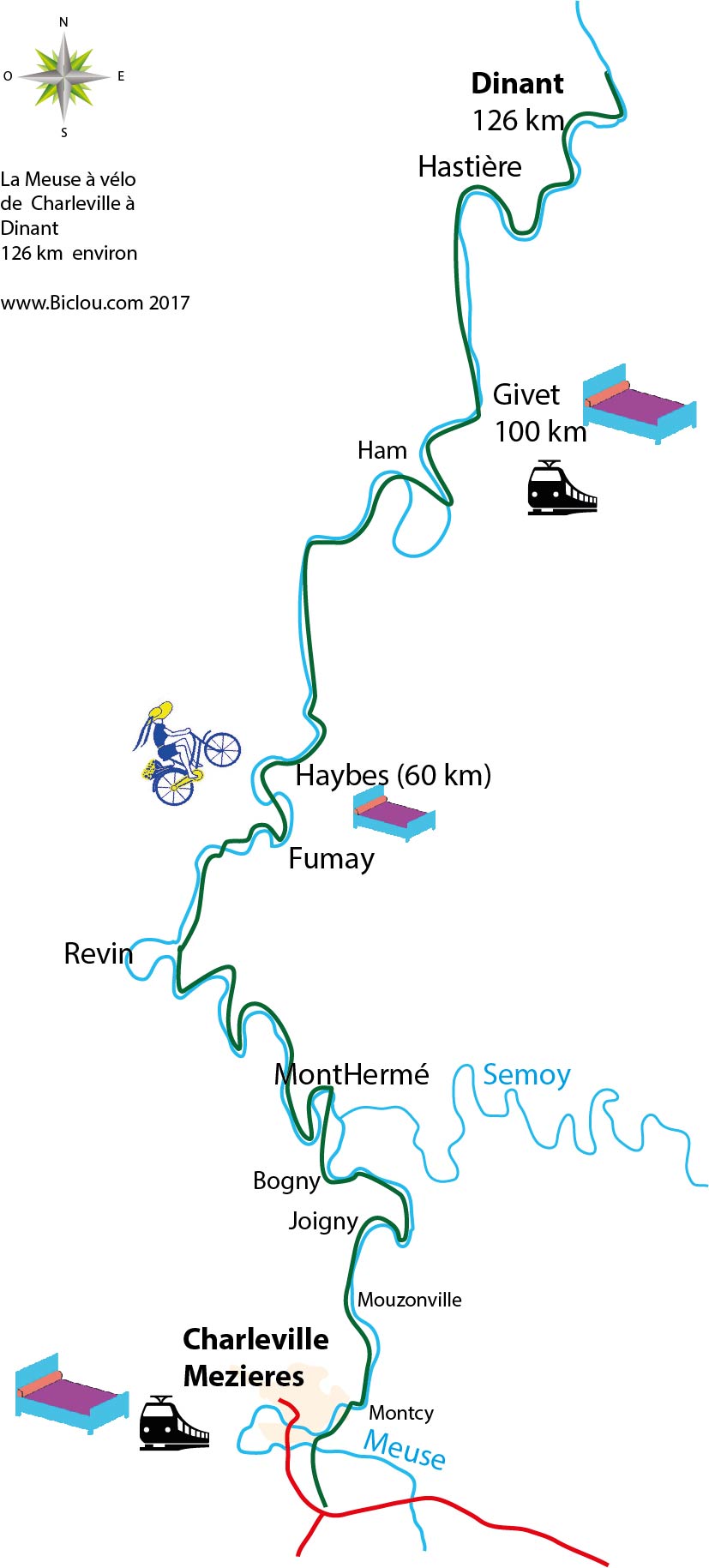 Carte bambée à Bi et Tri cyclettes le long de la  Meuse en 2017 Charleville Givet Dinant