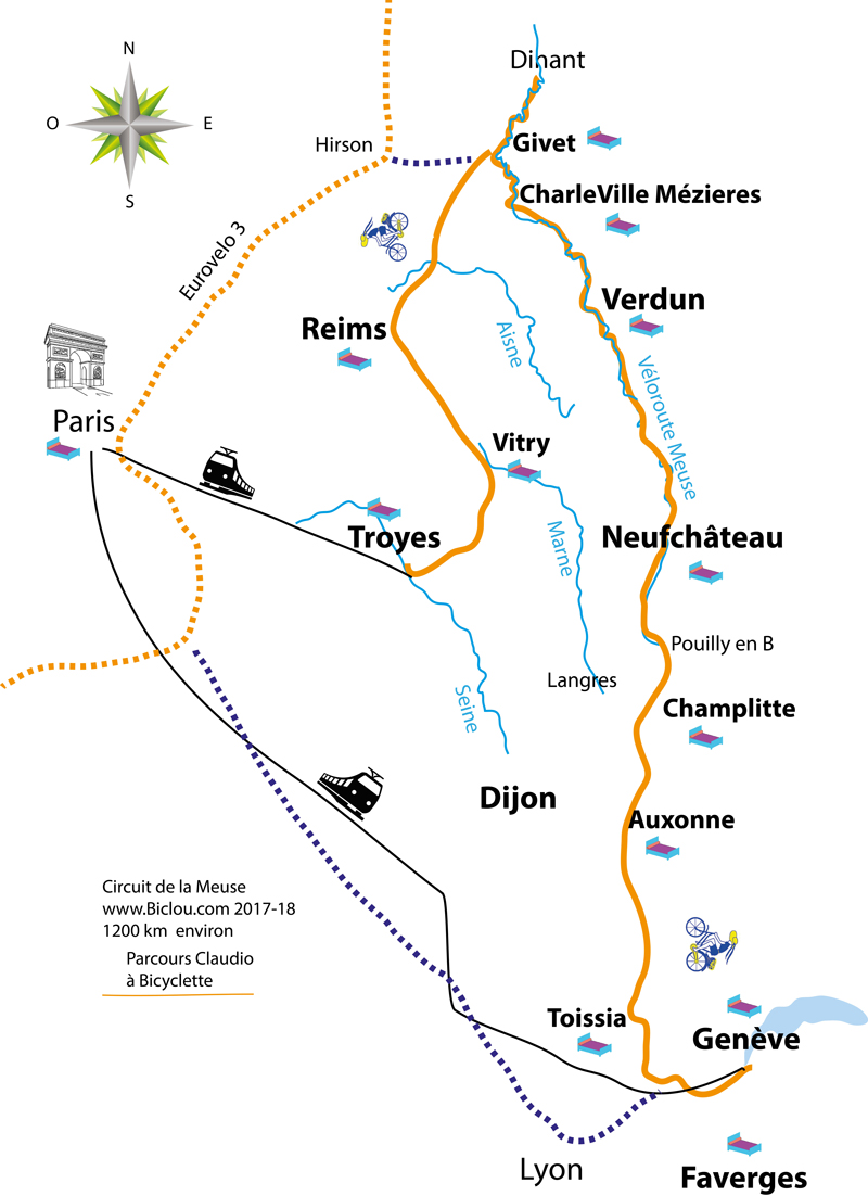 Carte bambée à Bi et Tri cyclettes le long de la  Meuse en 2017 Charleville Givet Dinant
