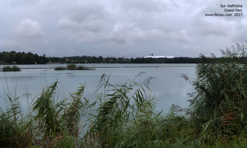Sur ViaRhôna en 2017 : Lac Grand Large, vue sur le nouveau stade Lyonnais