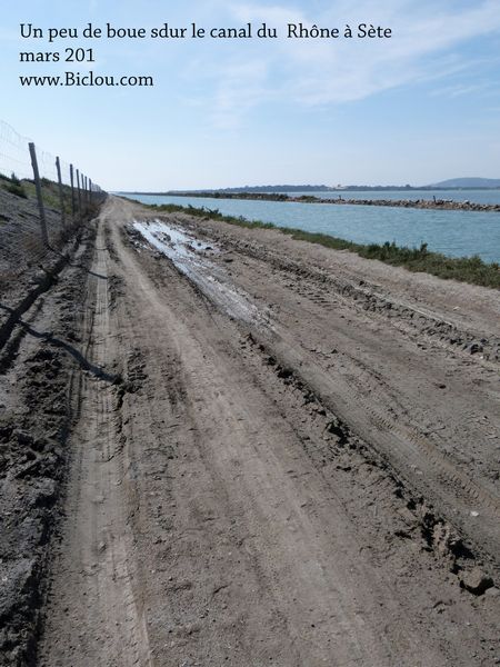 Attention, de la boue peut empêcher passage sur le halage du canal du Rhône à Sète, même si ici ca va encore (mars 2017)