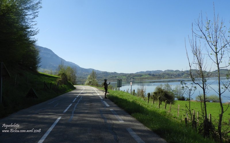 Un cyclotouriste en admiration au bord du lac d'Aiguebelette
