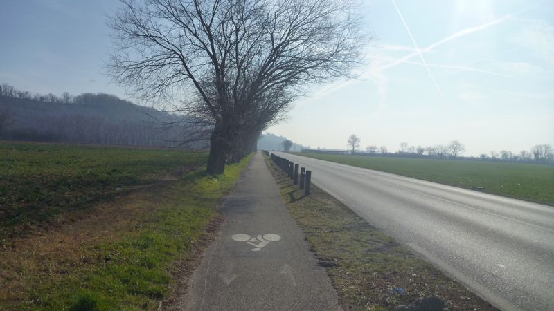 Le long de la Départementale D 517 , une vague bande cyclable racineuse et pourrie ..