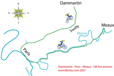 carte ; parcours cyclable Dammartin-Canal-de-l-ourq-Paris-Marne-Meaux