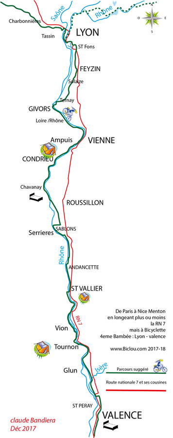 carte d'une bambée à Bicyclette du claudio de Lyon à Valence sur Viarhôna en 2022