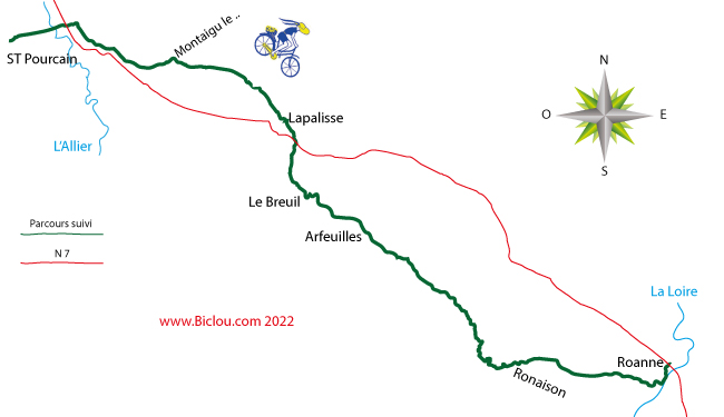 carte randonnée cycliste 2022 : de saint Pourcain à Roanne