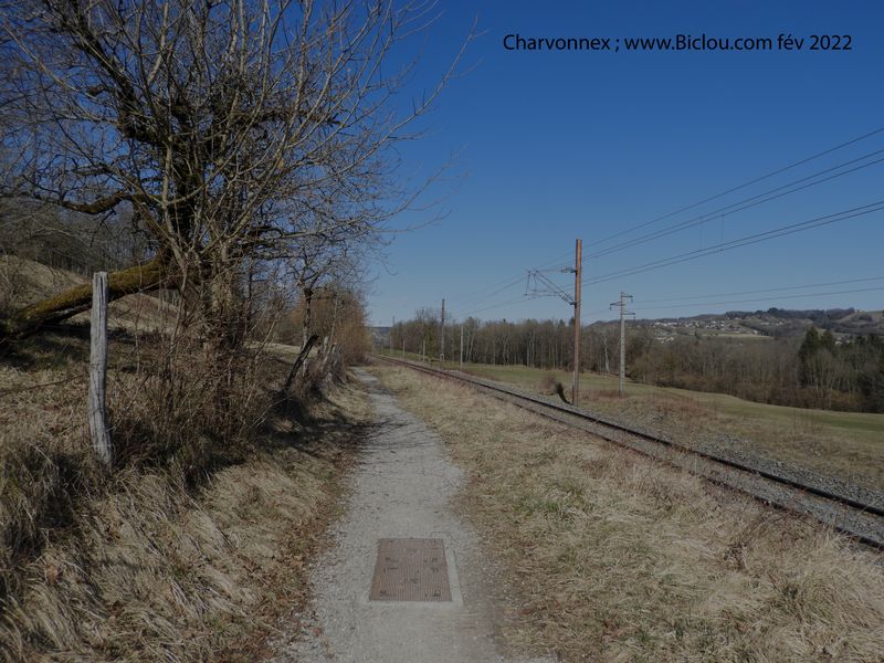 En route pour Groisy : Le balisage cycliste nous envoie sur ce chemin gravelle long de voie de chemin de fer : Annecy - La Roche sur foron..