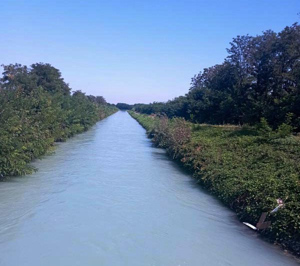 Un canal d'irrigation venu tout droit de la montagne , pour arroser les cultures de la Padana