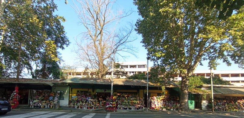 Les marchands de fleurs en face d'un cimetière de Turin