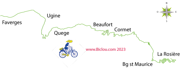 carte d'une bambée cyclotouristique de faverges à bourg saint maurice par roselend