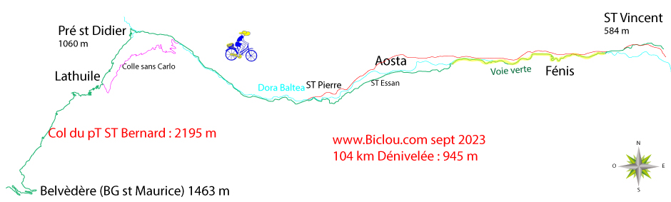 carte bambée à bicyclette de bourg st maurice à st vincent (aoste) 2023 par col petit saint bernard