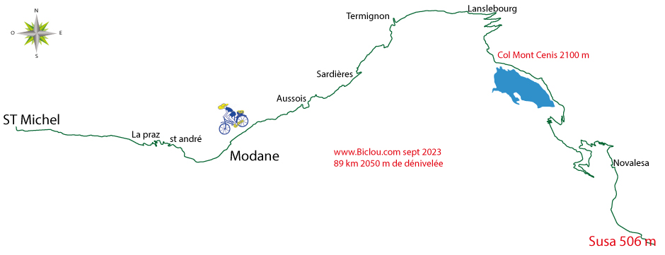 Carte parcours cycliste entre Susa et Saint Michel de maurienne par Mont Cenis 2023