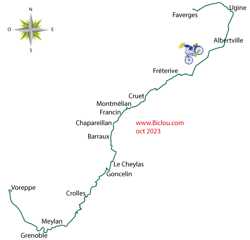 Carte parcours à Bicyclette de Faverges Albertville à Grenoble en 2023 par V-62 et V-63 