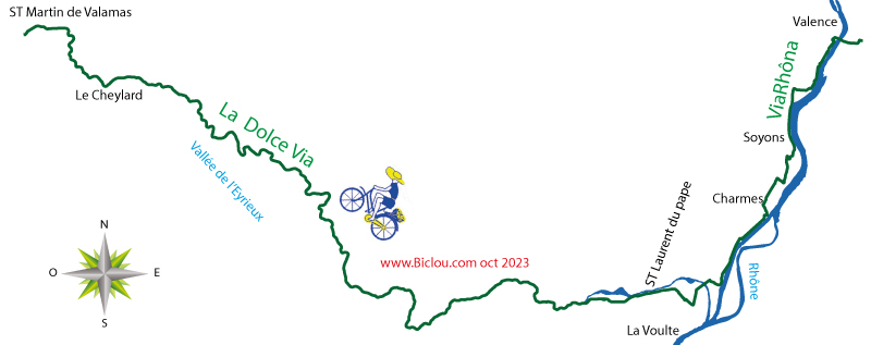 Carte parcours à Bicyclette vallée de l'Eyrieux Dolce Via 2023