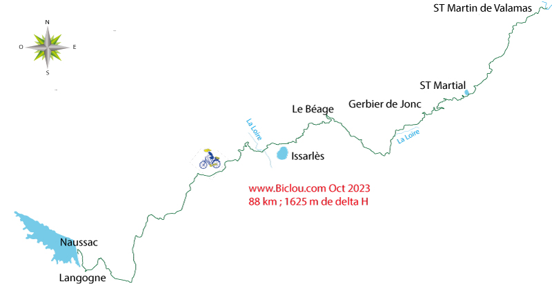 Carte st martin de valamas Gerbier de jonc Langogne Naussac à Bicyclette oct 2023