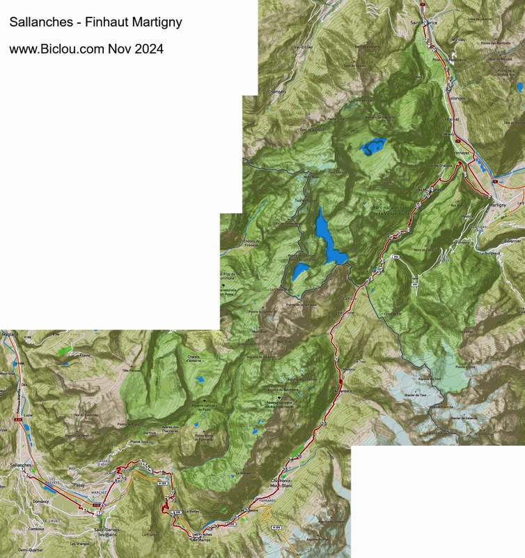 Carte parcours à Bicyclette : Sallanches Finhaut Martigny Valais