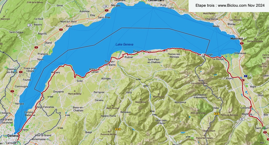 Carte étape cycliste trois ; st maurice Evian Genève par Viarhôna en 2024