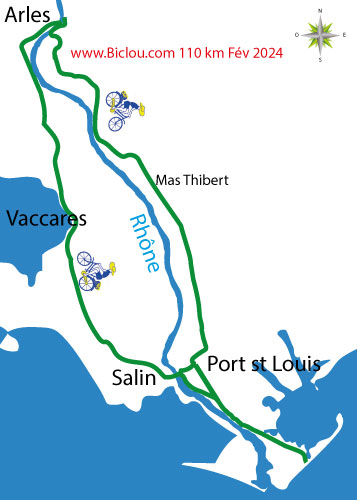 carte parcours à bicyclette de Arles à la mer plage Napoléon, port saint louis ViaRhôna