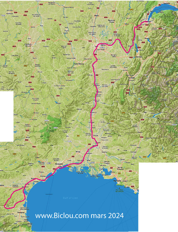 Carte d'un parcours cycliste de genève à Sète passant par Lyon et Viarhôna en mars 2024