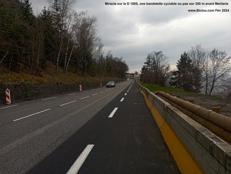 Miracle sur la D 1005, bandelette dite cyclable sur 300 m avant Meillerie (Février 2024)
