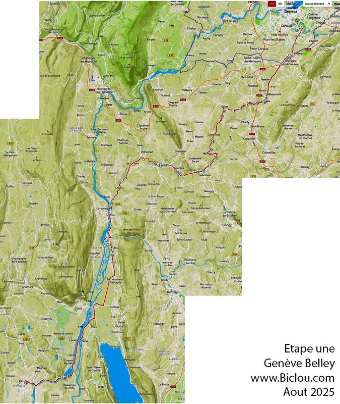 Carte parcours cycliste Genève Belley : Avant pays savoyard et un peu ViaRhôna