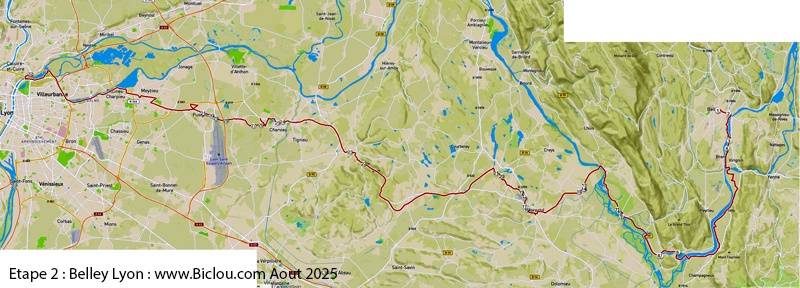 Carte cycliste de Belley à Lyon par Crémieu