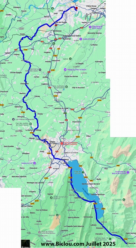 Carte parcours cycliste Fverges Annecy Genève, en 2025